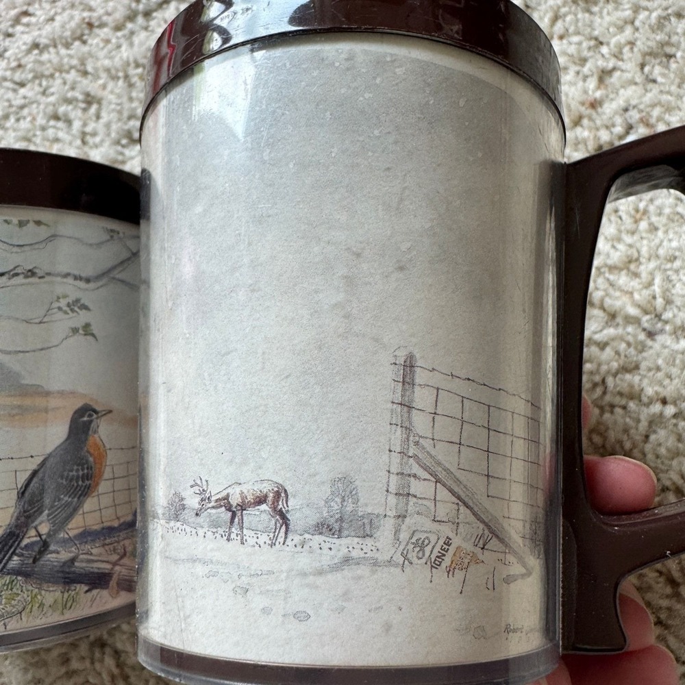 Vintage Flambeau Wildlife Mugs Set 2 Robert J May Raccoon Robin Brown Plastic - Picture 5 of 9